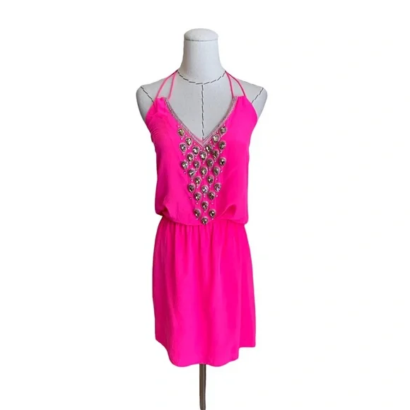 Karina Grimaldi Neon Pink Silk Embellished Rhinestone Beaded Party Dress Revolve - Picture 2 of 16